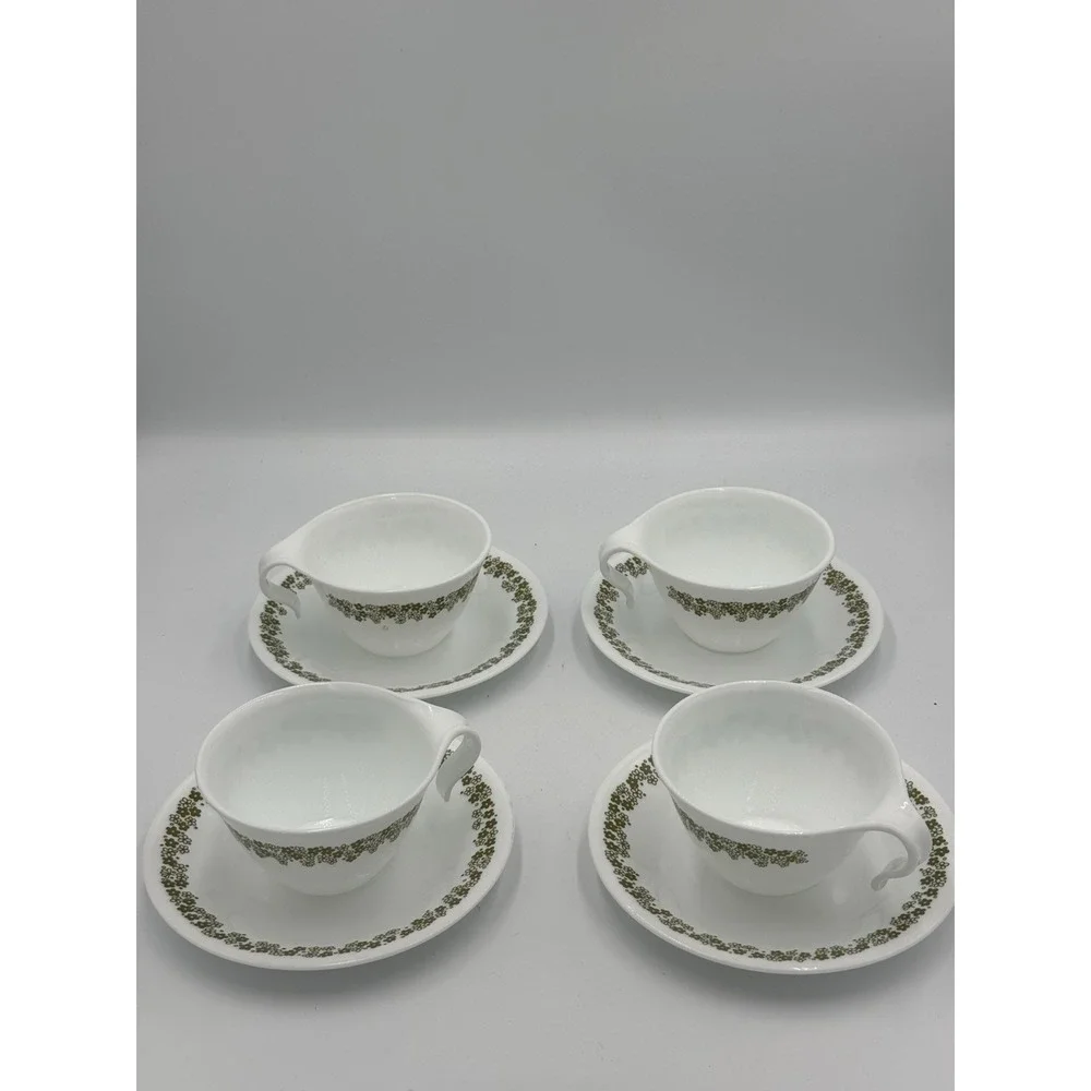 4 Corelle Corning Green Spring Blossom Crazy Daisy Hook Handle Cups and Saucers